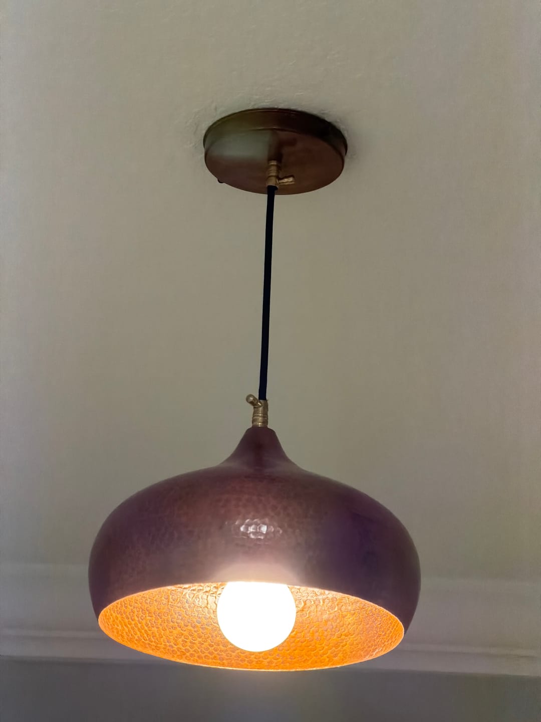 Customer photo review of Handmade Hammered Copper Pendant Light – Rustic Moroccan Dome Ceiling Lamp