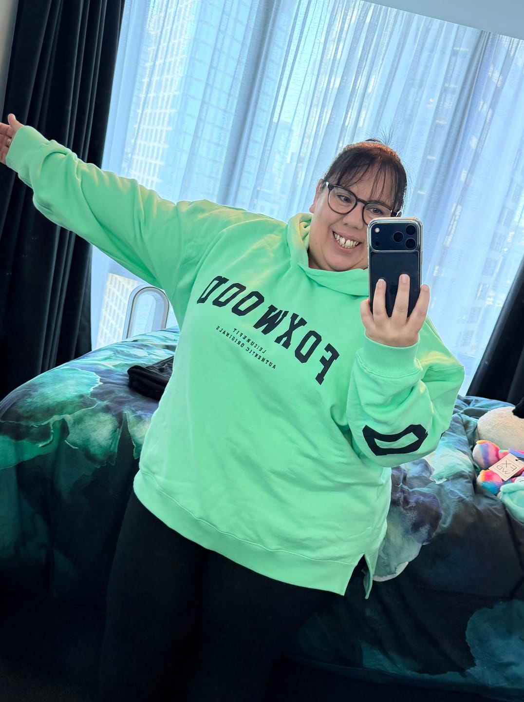 Customer photo review of Interval Hoodie in Bright Mint/Navy - Foxwood