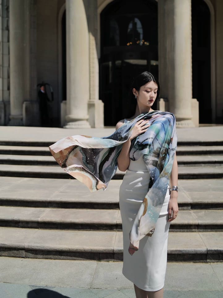 Customer photo review of Dunhuang Five Elements Printed Mulberry Silk Shawl / Scarf
