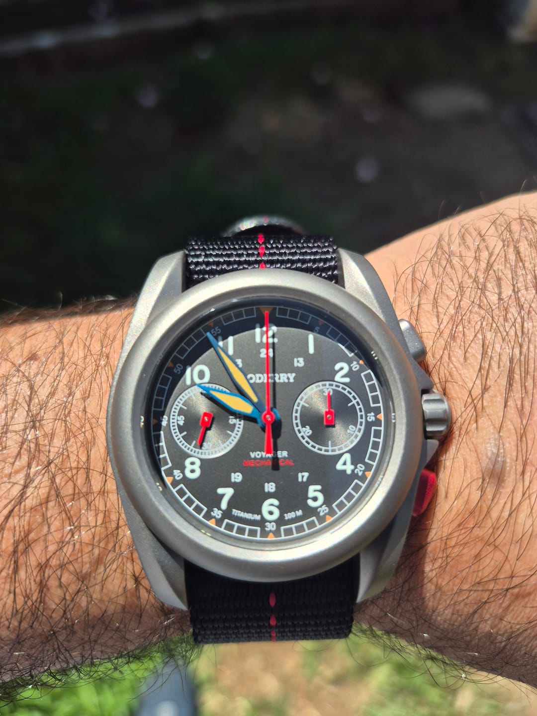 Customer photo review of VOYAGER Chronograph - Titanium Mechanical Field Watch, 100M Water Resistant | Grey/Bracelet