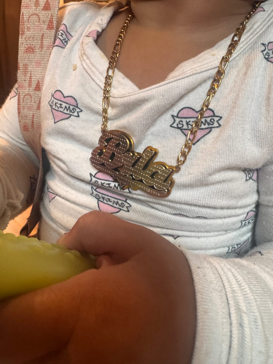 Customer photo review of Kids Double Plated Pop Out Heart Name Necklace w/ Figaro Chain