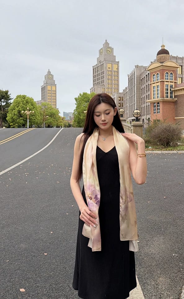 Customer photo review of Blossoming Years Printed Mulberry Silk Shawl / Scarf