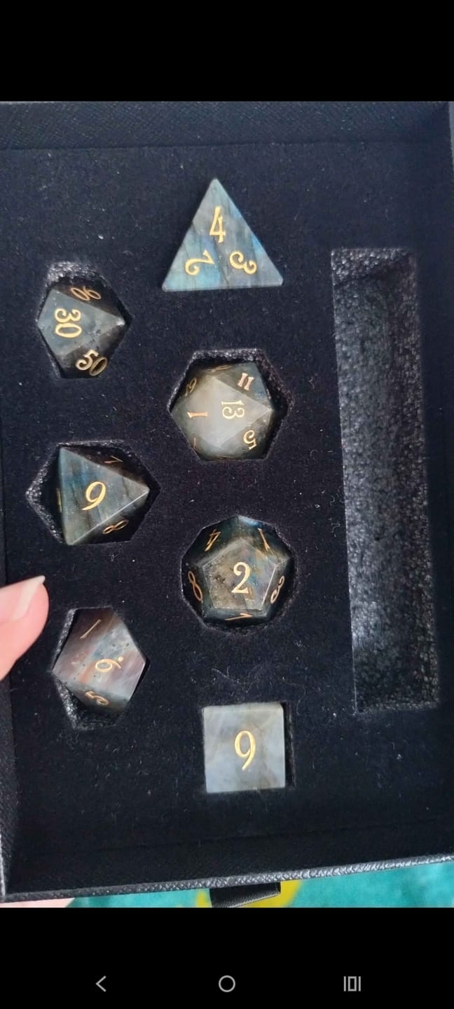 Customer photo review of URWizards D&D Labradorite Gemstone Engraved Dice Set