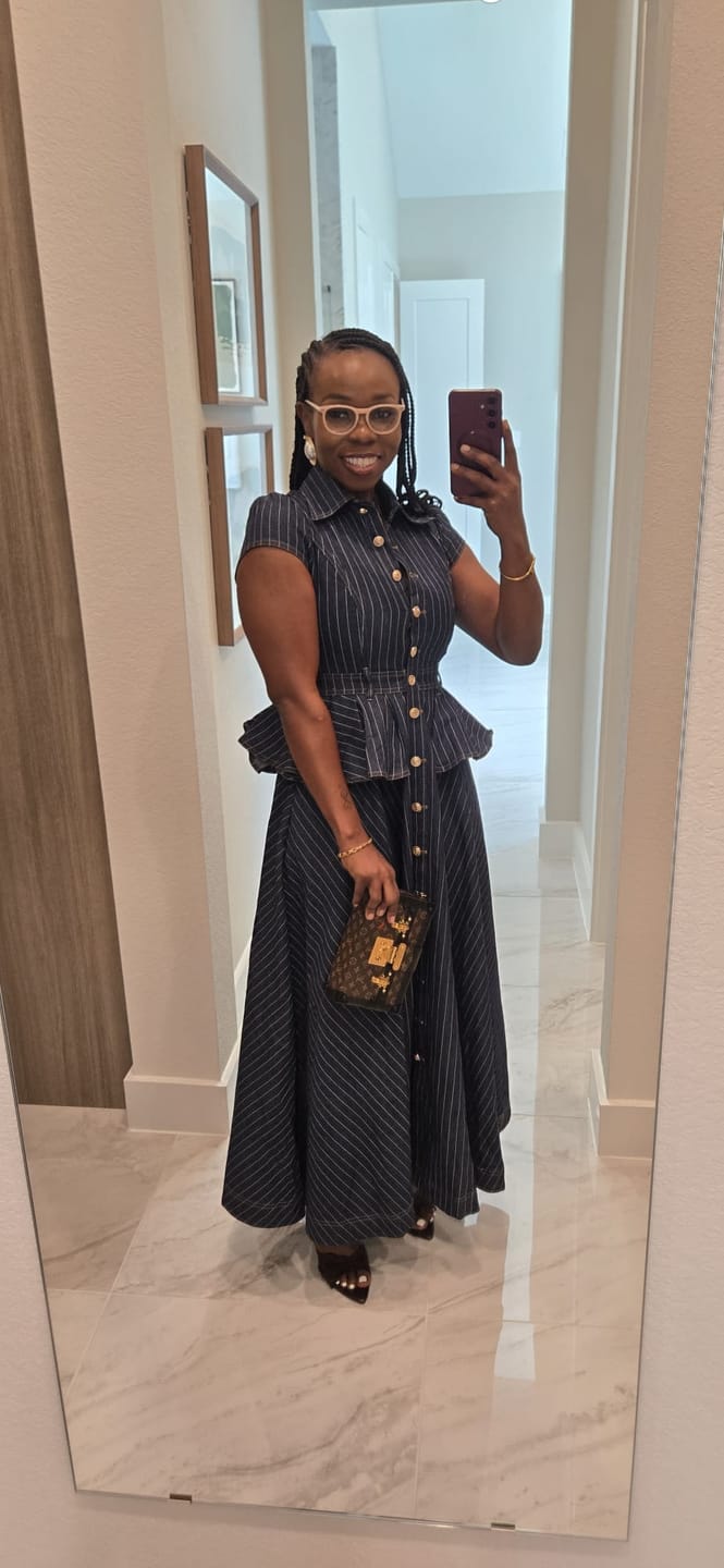 Customer photo review of Grace Denim Pinstripe Dress