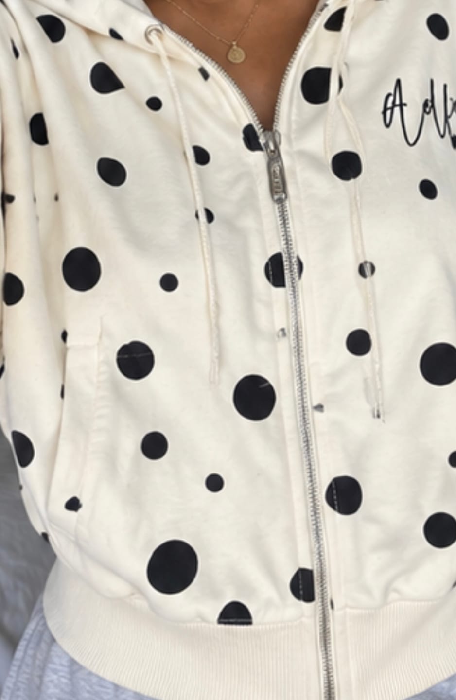 Customer photo review of Aelfric Eden Polka Dot Off-The-Shoulder Zip Up Sweatshirt