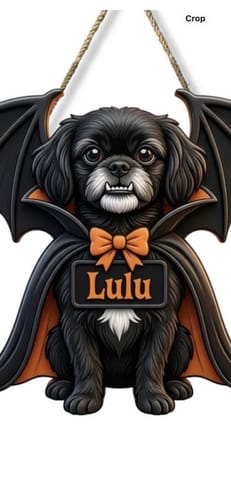 Customer's personalized dog vampire door sign named Lulu, featuring a cute black dog in a cape and bat wings.