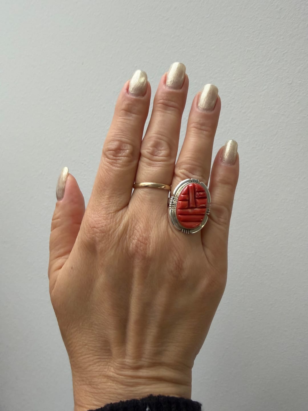 Customer photo review of Navajo Made Mediterranean Coral & Sterling Silver Cobblestone Ring Size 7.25