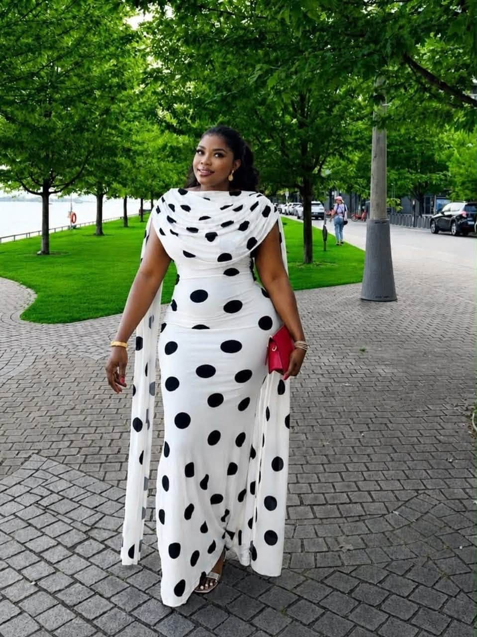 Customer photo review of Women's Polka Dot Mermaid Draped Cowl Neck Cape Maxi Dress