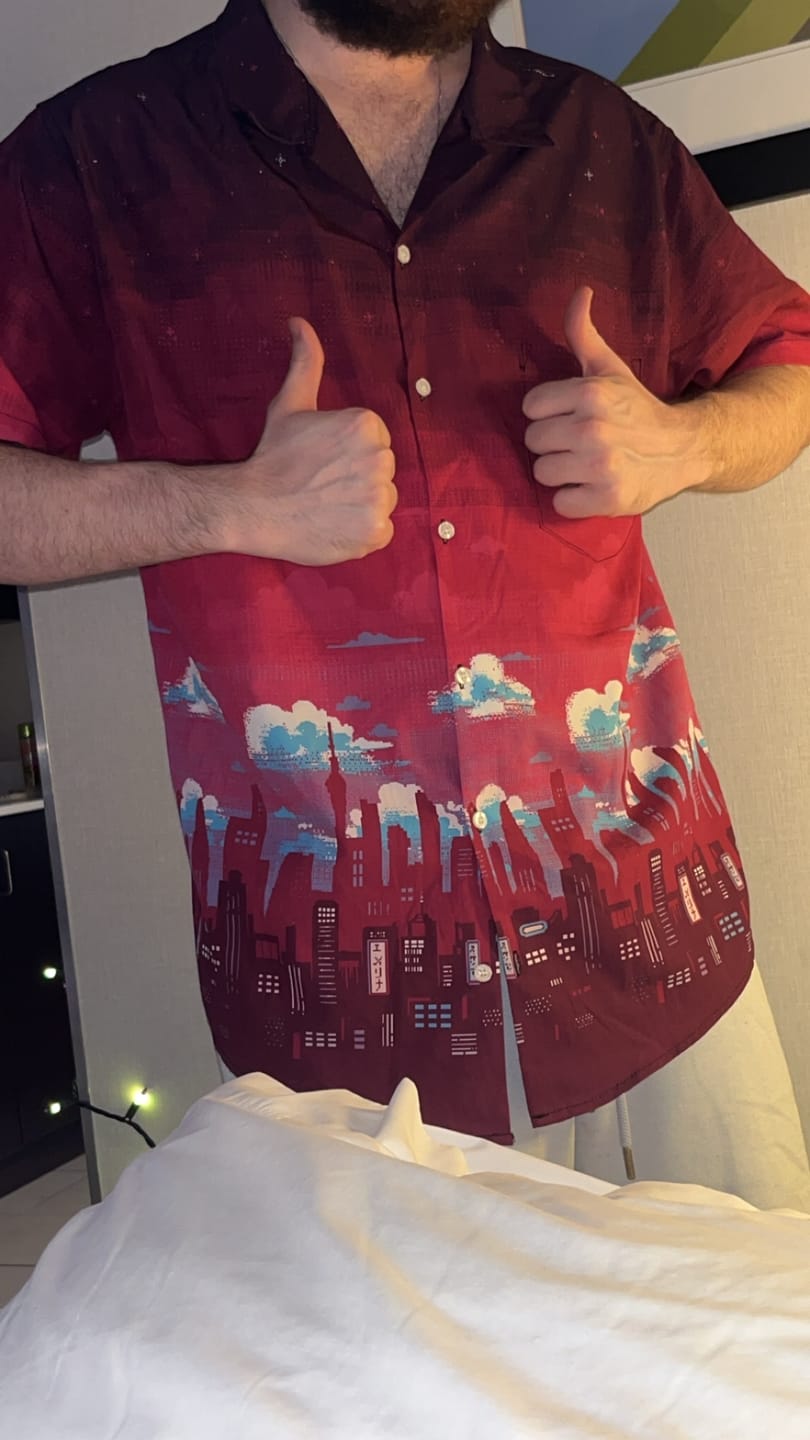 Customer photo review of Cyberpunk Tokyo Skyline Button Up Shirt