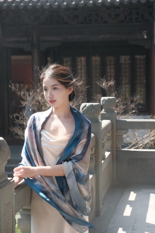 Customer photo review of Dunhuang Five Elements Printed Mulberry Silk Shawl / Scarf