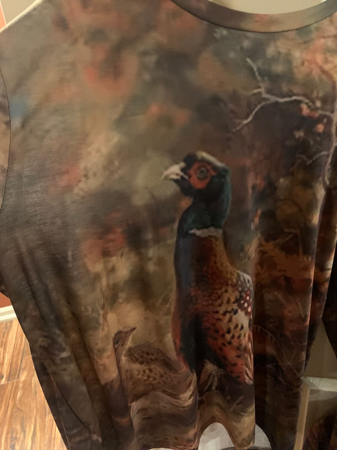 Customer photo review of Performance Hunting Long Sleeve - Cock and hen pheasant in a woodland clearing - ULS315V