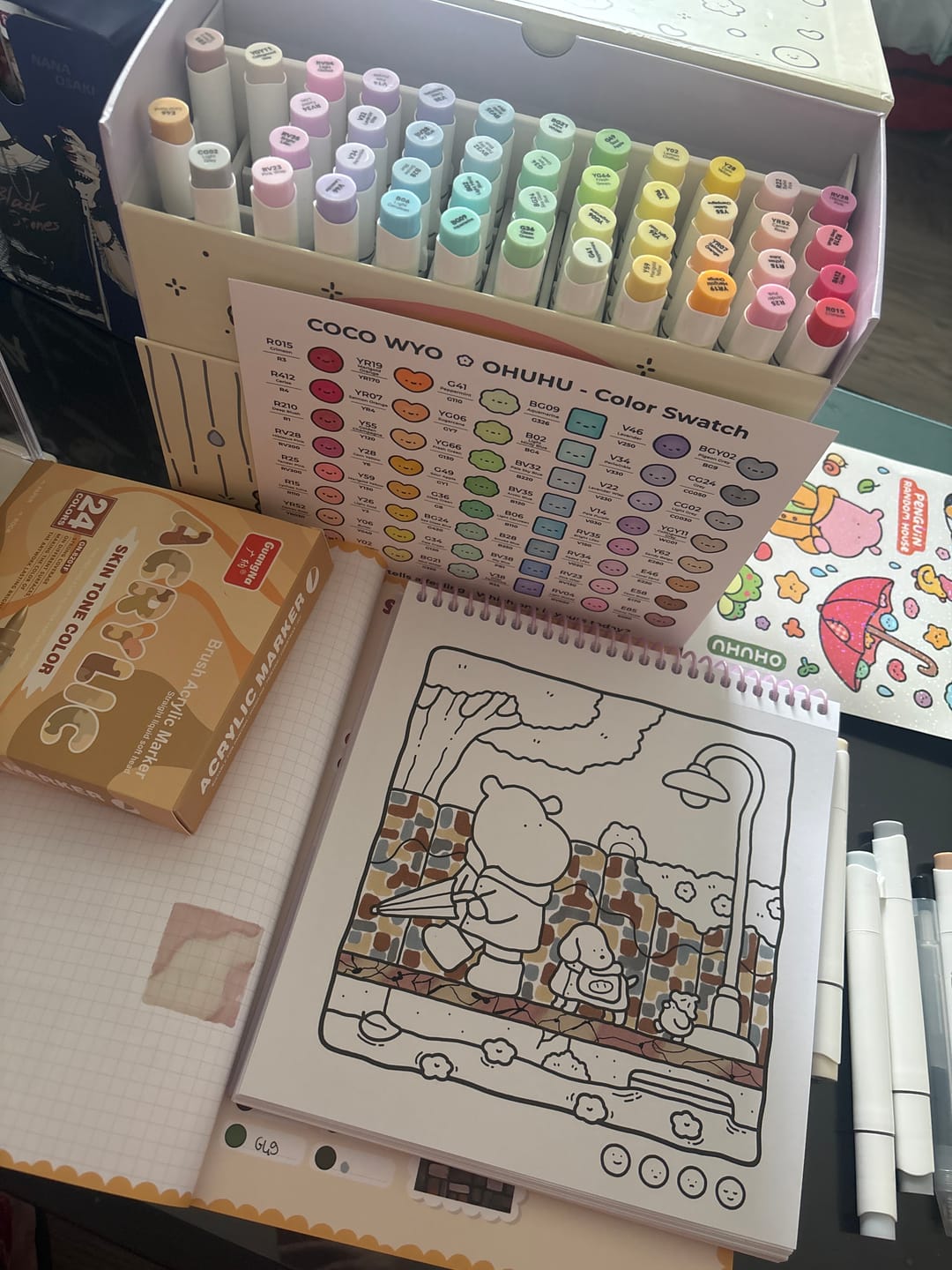 Customer photo review of Ohuhu x Coco Wyo Cozy Mood Coloring Kit, Honolulu B 48 Colors Alcohol Markers with Brush & Fine Dual Tips, Coloring Book with Mood Tracker Pages