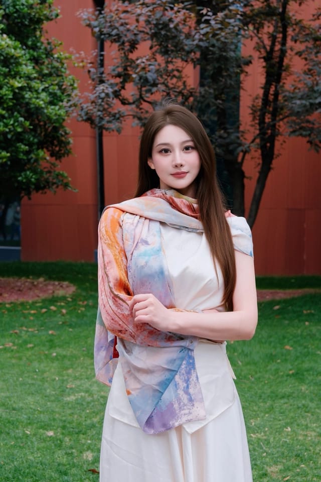 Customer photo review of Dunhuang Five Elements Printed Mulberry Silk Shawl / Scarf
