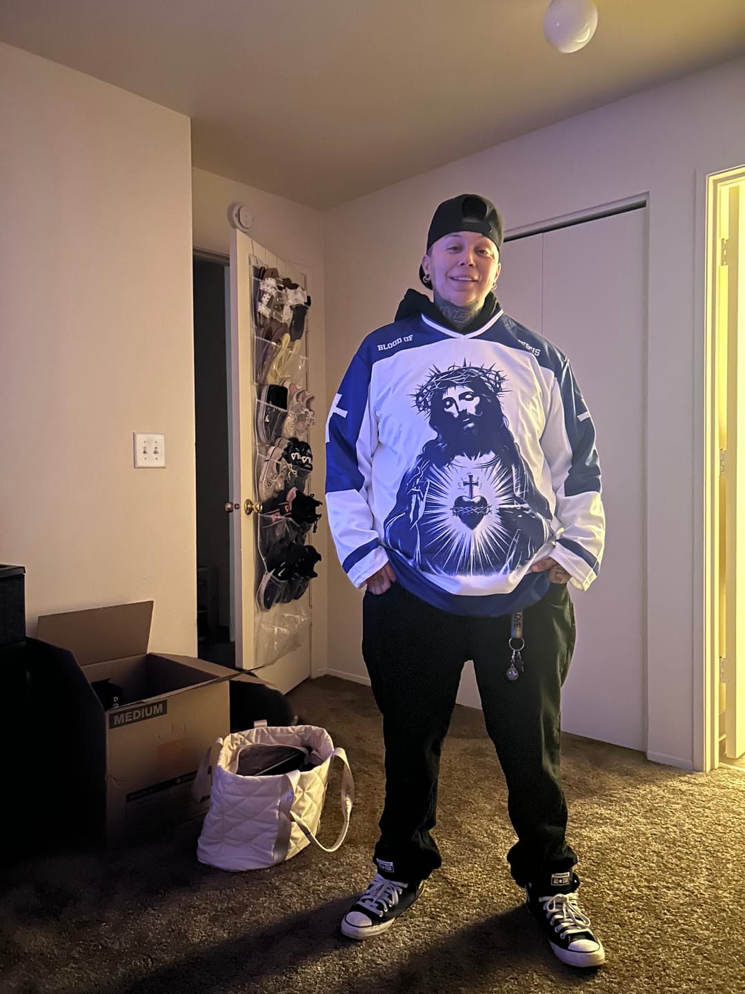Customer photo review of Christianartworkshop Blood of Jesus Sacred Heart Long Sleeve Hockey Jersey
