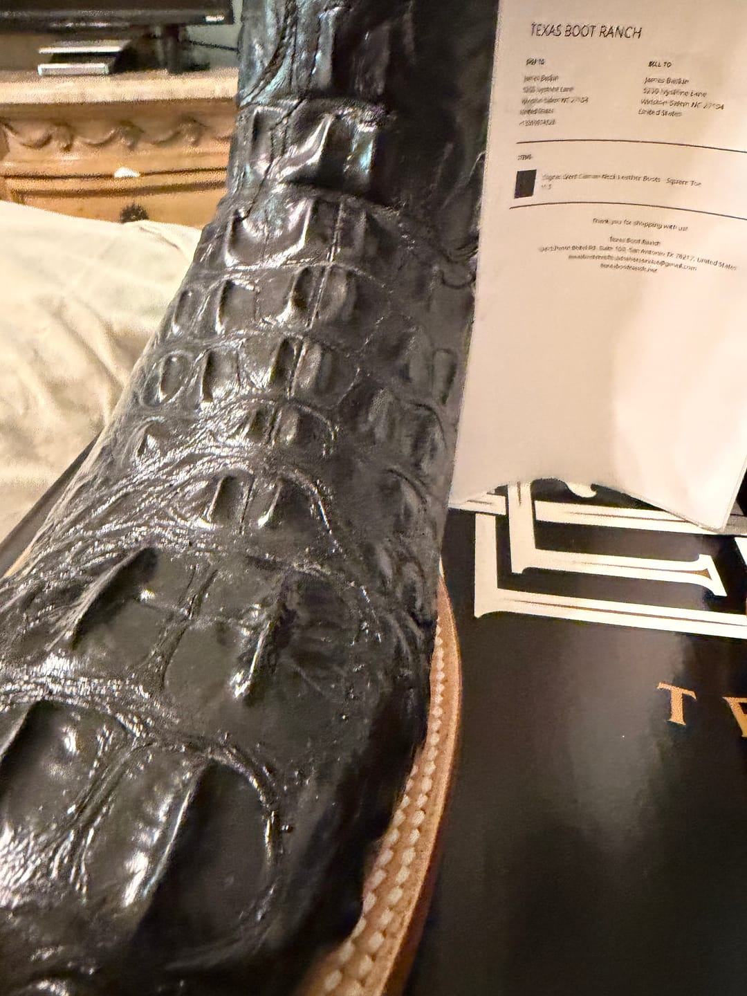 Customer photo review of Rustic Black Caiman Neck Leather Boots - Square Toe