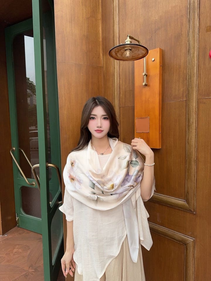 Customer photo review of Blossoming Years Printed Mulberry Silk Shawl / Scarf