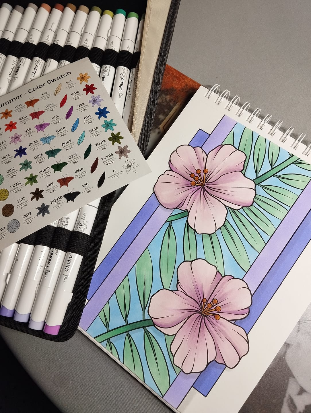 Customer photo review of Ohuhu x Jade Summer Alcohol Markers & Coloring Book Set, 47 Colors + 1 Colorless Blender, Honolulu B, Brush & Fine Dual Tips
