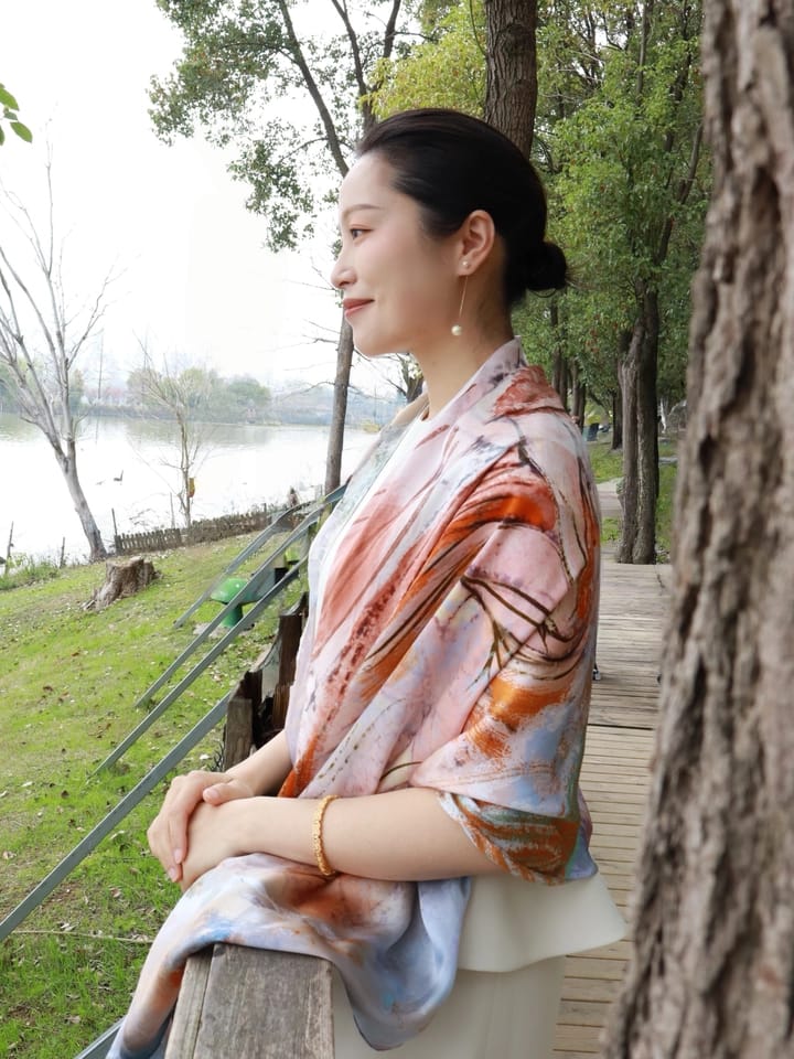 Customer photo review of Dunhuang Five Elements Printed Mulberry Silk Shawl / Scarf
