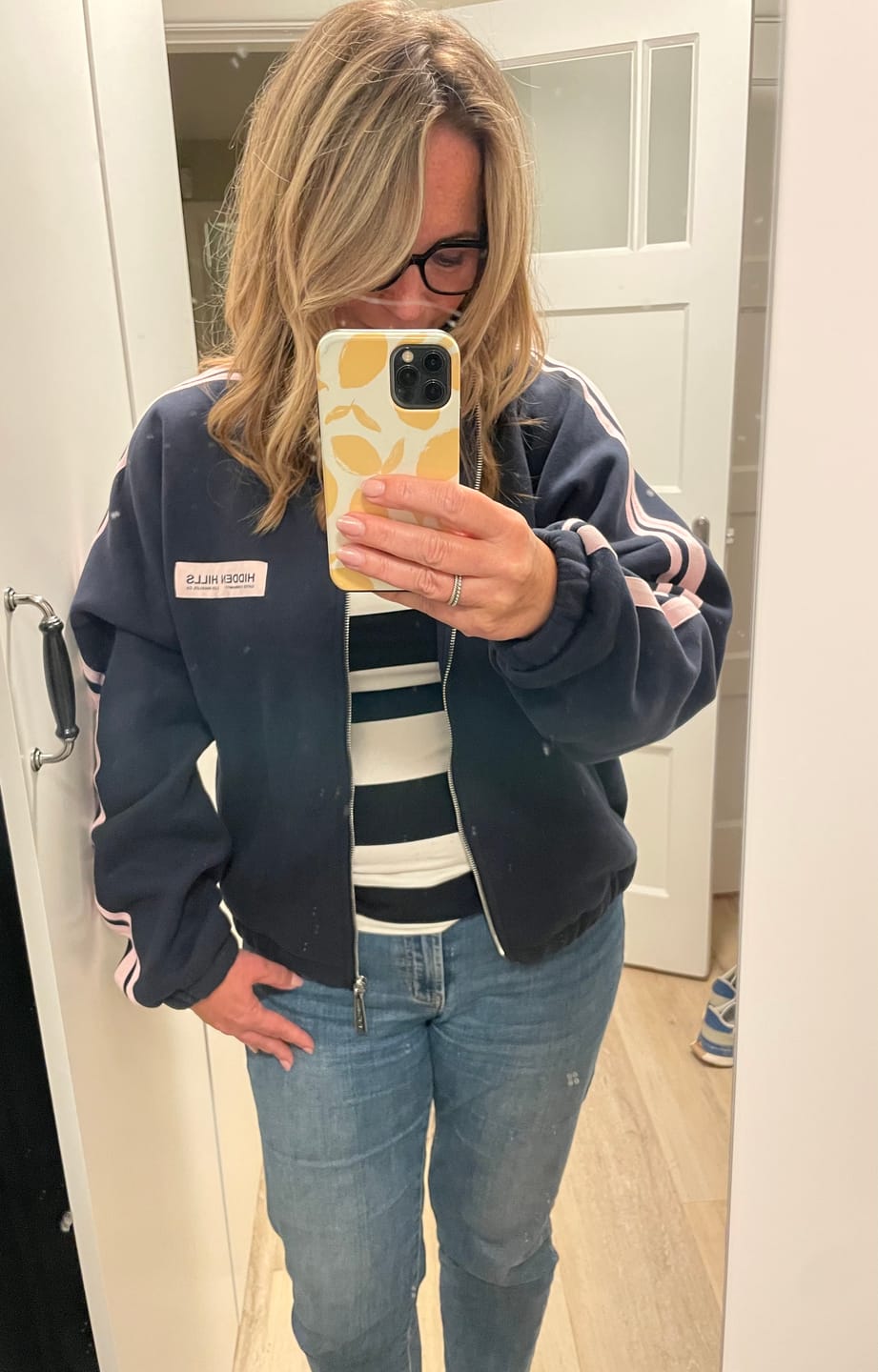 Customer photo review of STRIPED ZIP JACKET NAVY/LIGHT PINK