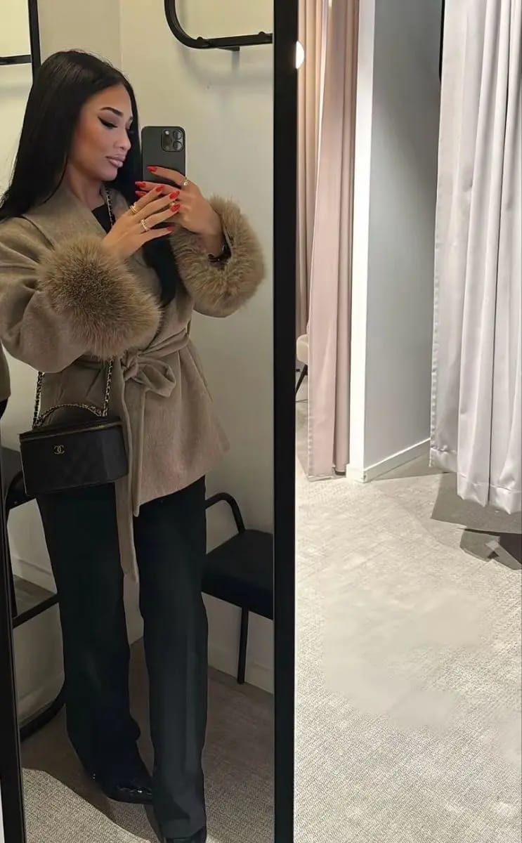 Customer photo review of Natalie Fur Cuff Belted Wrap Coat