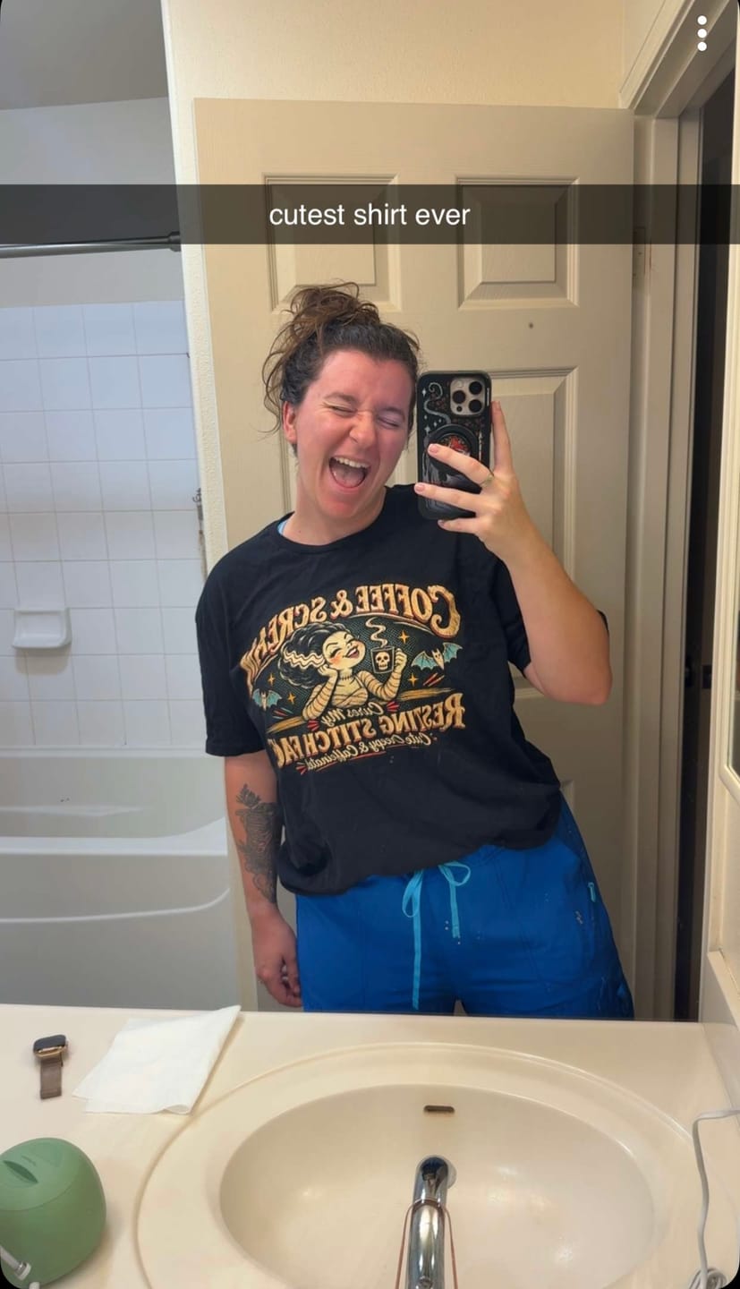 Customer photo review of Coffee & Scream Resting Stitch Face T-Shirt