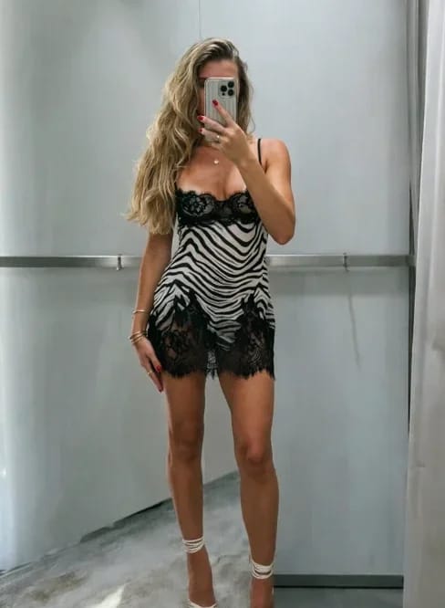 Customer photo review of Kate Zebra Lace Cami Mini Dress