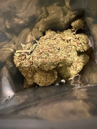 Customer's Triangle Kush indica flower inside a clear plastic bag.