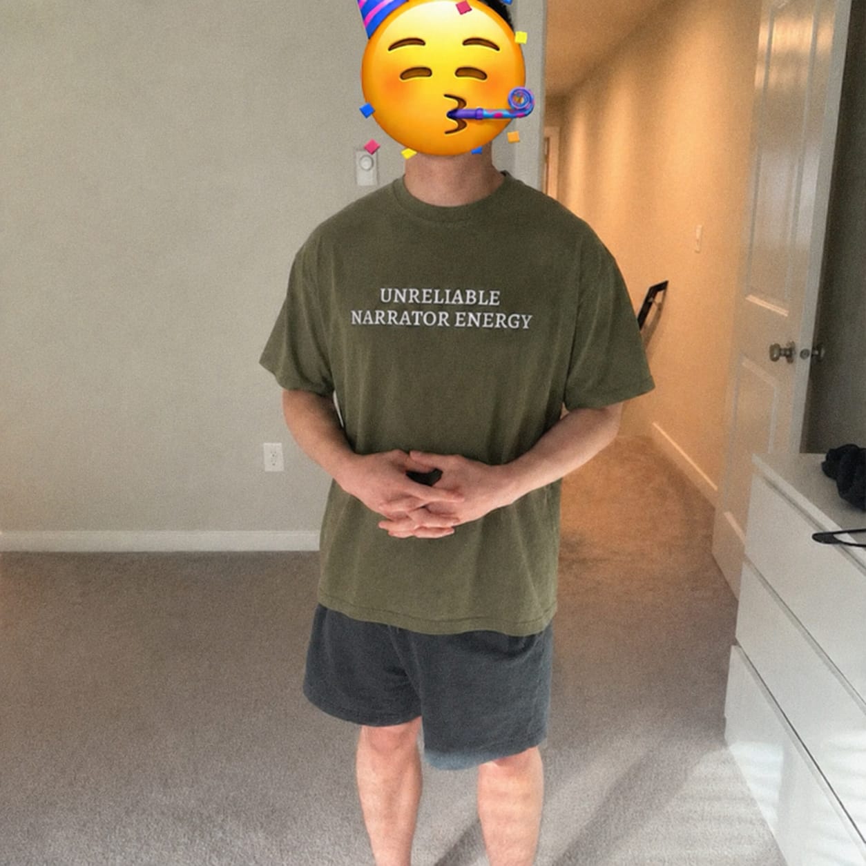 Customer photo review of Unreliable Narrator Energy Embroidered Comfort Colors T-Shirt | Book Lover Gift