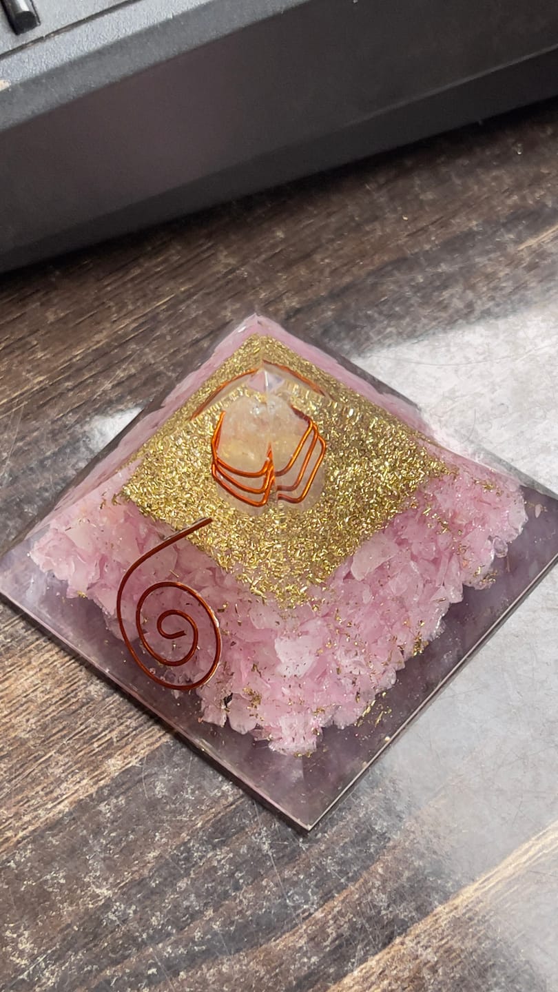 Customer photo review of Rose Quartz Orgonite Pyramid Vastu Remedy for Love, Relationship Harmony and Heart Chakra Healing for Bedroom, Couple Spaces and Emotional Balance | 6.5 cm | 110 g