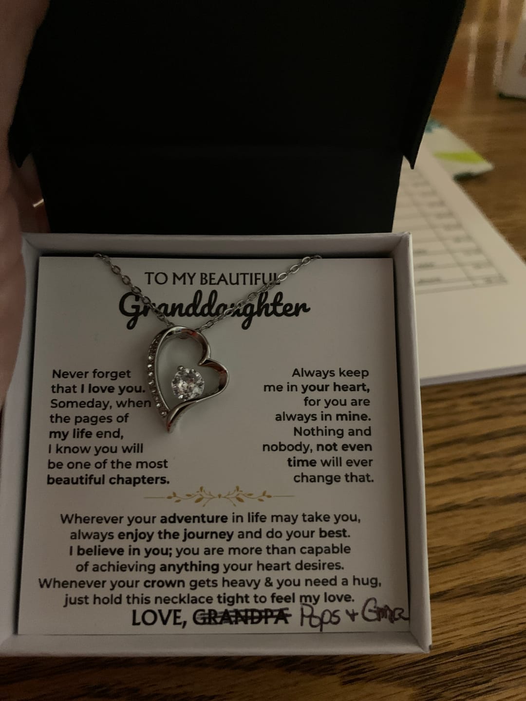 Customer photo review of Gift for Granddaughter from Grandpa Forever Love Necklace with Message