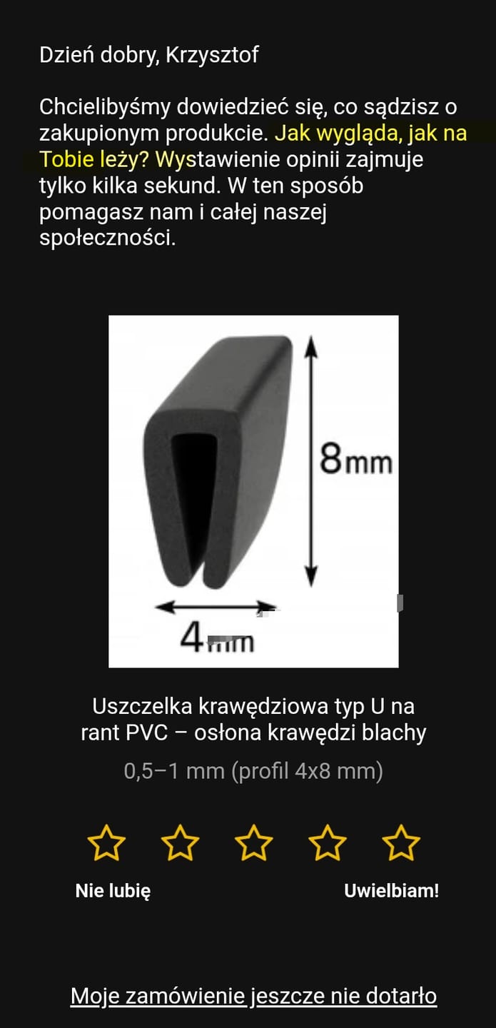 Customer photo review of Uszczelka krawędziowa typ U na rant PVC – osłona krawędzi blachy