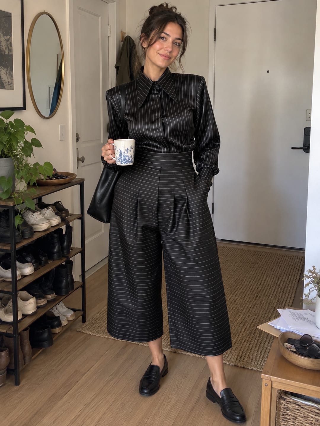 Customer photo review of Striped Pockets Pleated Wide Leg Loose Pants Cropped Trousers