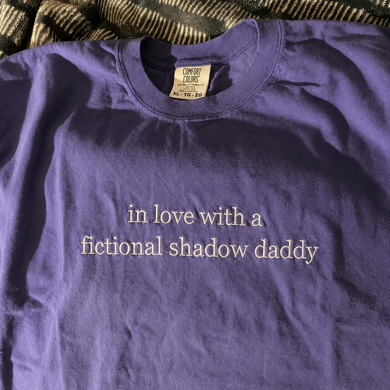 Customer photo review of In Love With a Fictional Shadow Daddy Embroidered Comfort Colors® T-Shirt | BookTok Gift