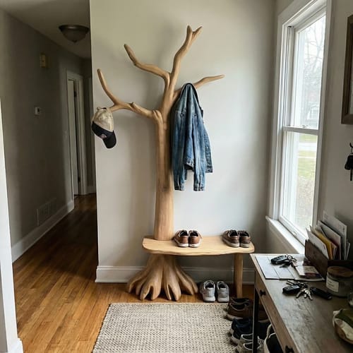 Customer photo review of Rustic Artistic Wooden Tree Coat Stand Bench Solid Wood Entryway Interior Signature Furniture