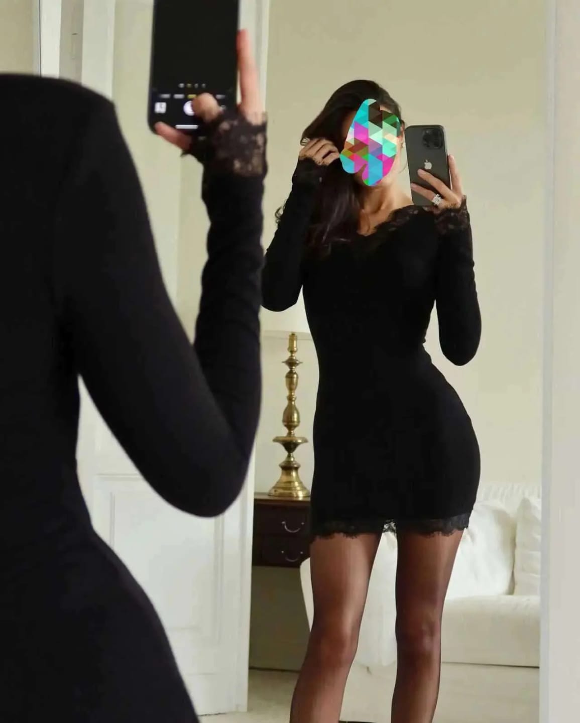 Customer photo review of Nora Lace Trim Slim Long Sleeve Mini Dress