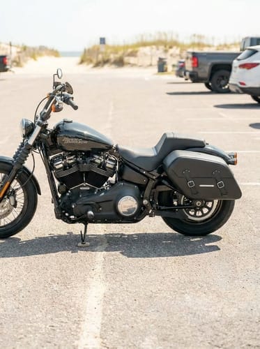 Customer photo review of 42L - Baldur Extra Large Leather Wrapped Motorcycle Hard Saddlebags for Harley Softail Street Bob FXBB/S