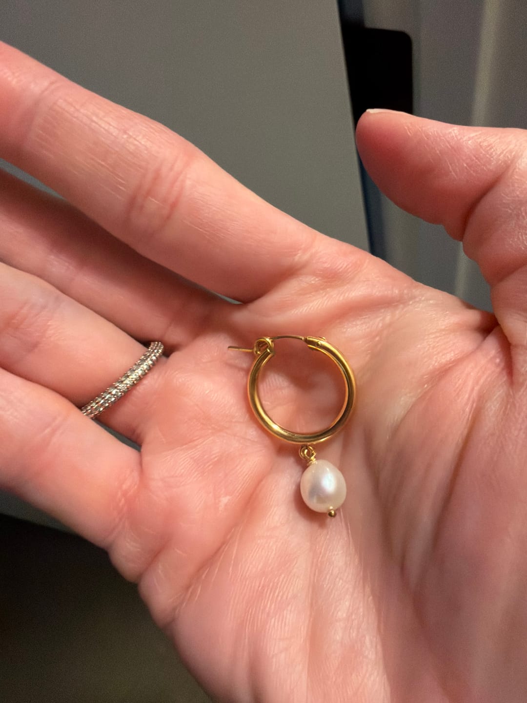 Customer photo review of Gold 18mm Hoops w/ White Freshwater Pearls