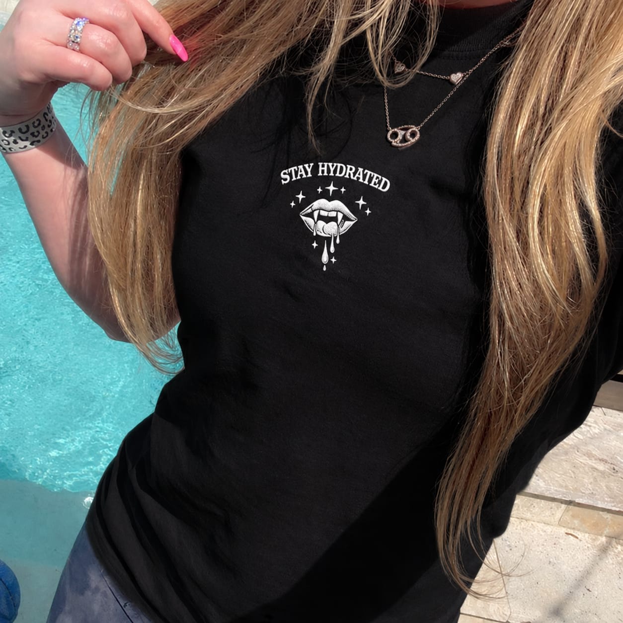 Customer photo review of Stay Hydrated Vampire Embroidered Comfort Colors T-Shirt | Dark Fantasy Book Lover Gift