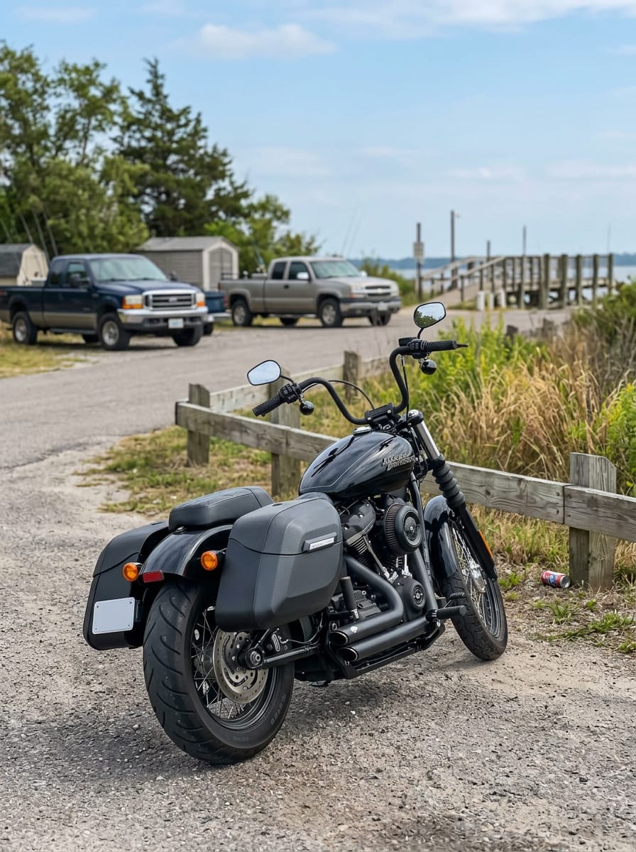 Customer photo review of 40L - Lamellar Raven Extra Large Leather Covered Motorcycle Hard Saddlebags for Harley Softail Street Bob FXBB/S