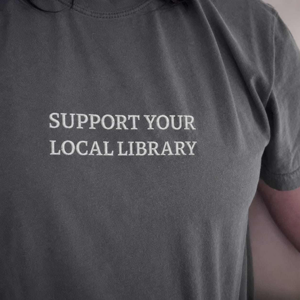 Customer photo review of Support Your Local Library Embroidered Comfort Colors T-Shirt | Book Lover Gift