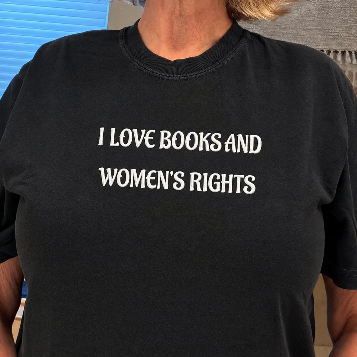 Customer photo review of Embroidered I Love Books And Women's Rights Comfort Colors® T-shirt Book Lover Gift