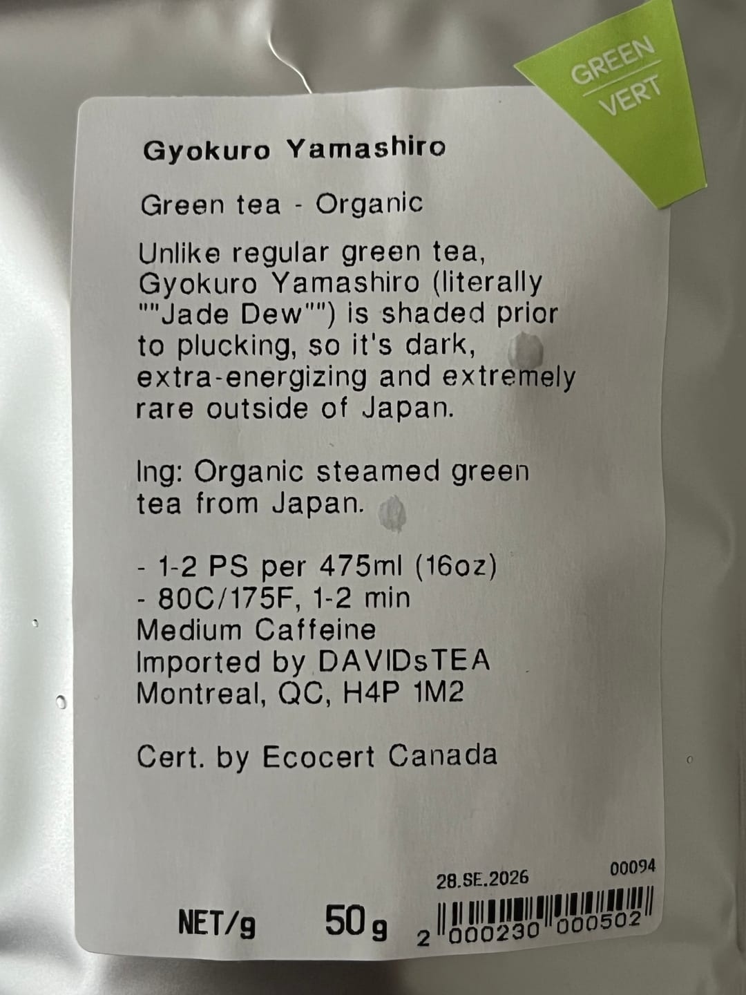 Customer photo review of Organic Gyokuro Yamashiro Tea