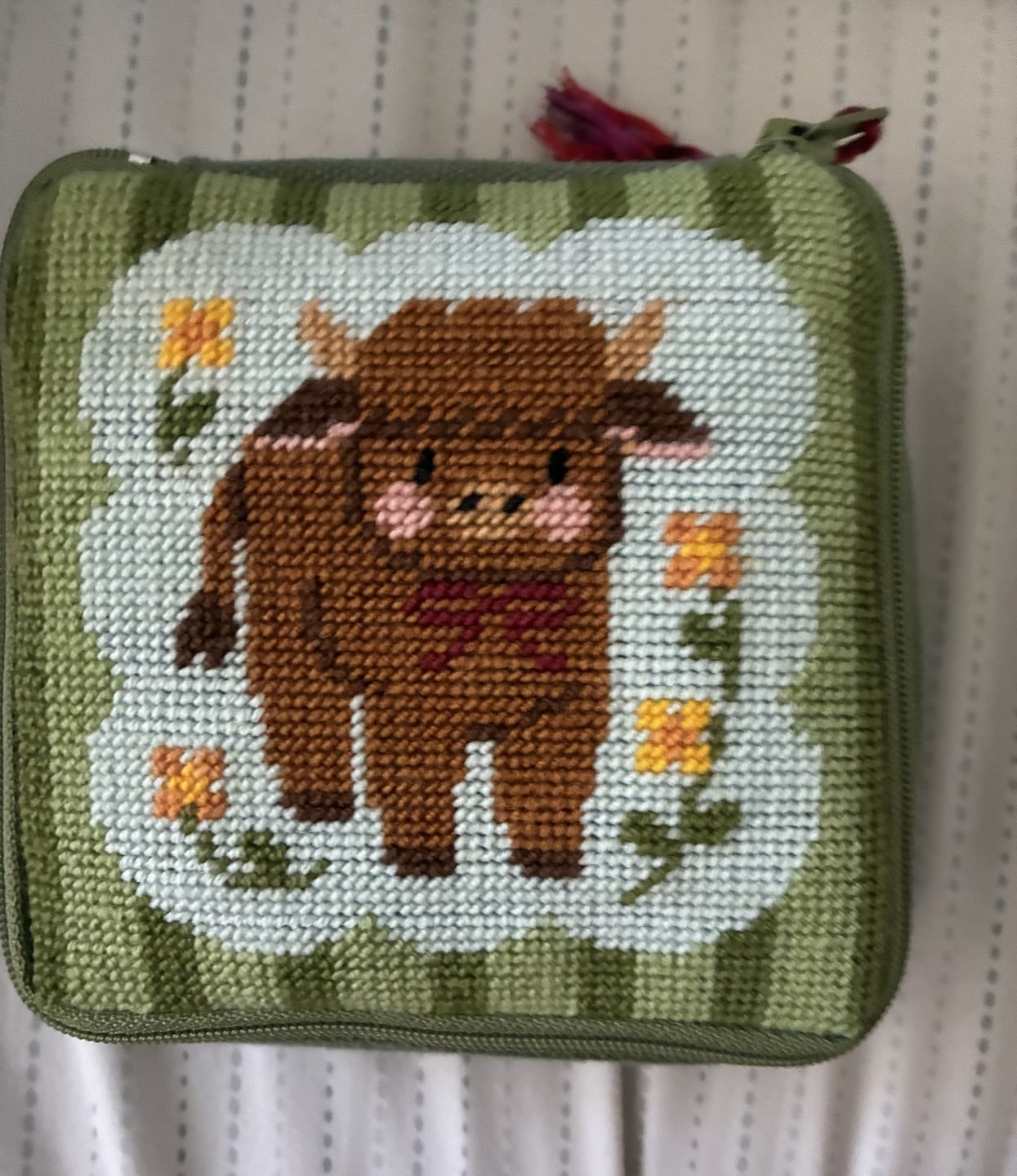 Customer photo review of HIGHLAND COW - Needlepoint Pouch Kit