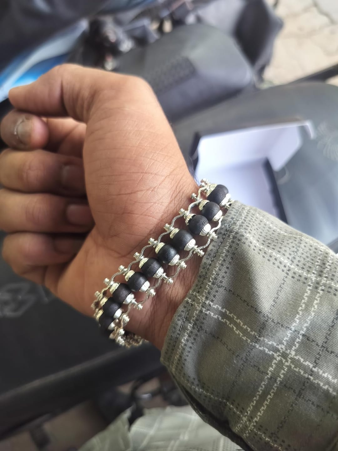 Customer photo review of Silver Plated Karungali Modern Bracelet - Natural Ebony Wood