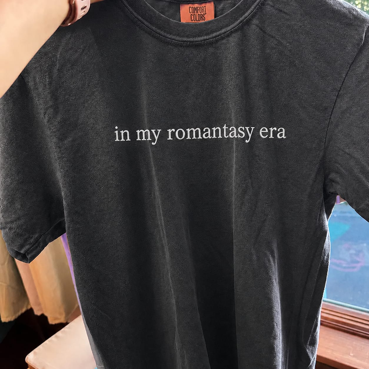 Customer photo review of In My Romantasy Era Embroidered Comfort Colors T-Shirt | BookTok Reader Gift