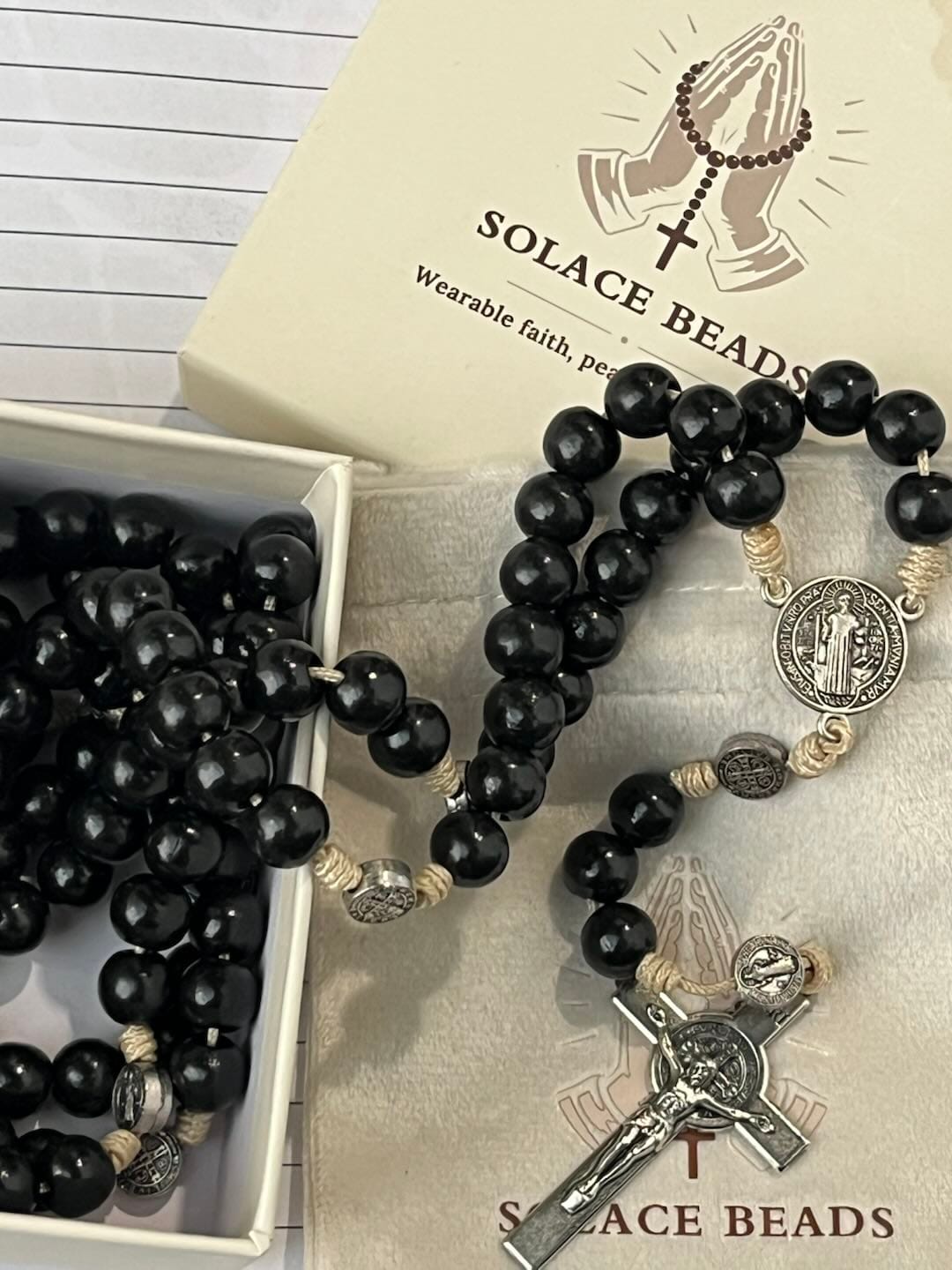 Customer photo review of SolaceBeads 15/20 Decade Ebony Wood Rosary With St. Benedict Medals & Crucifix: Protective Strength