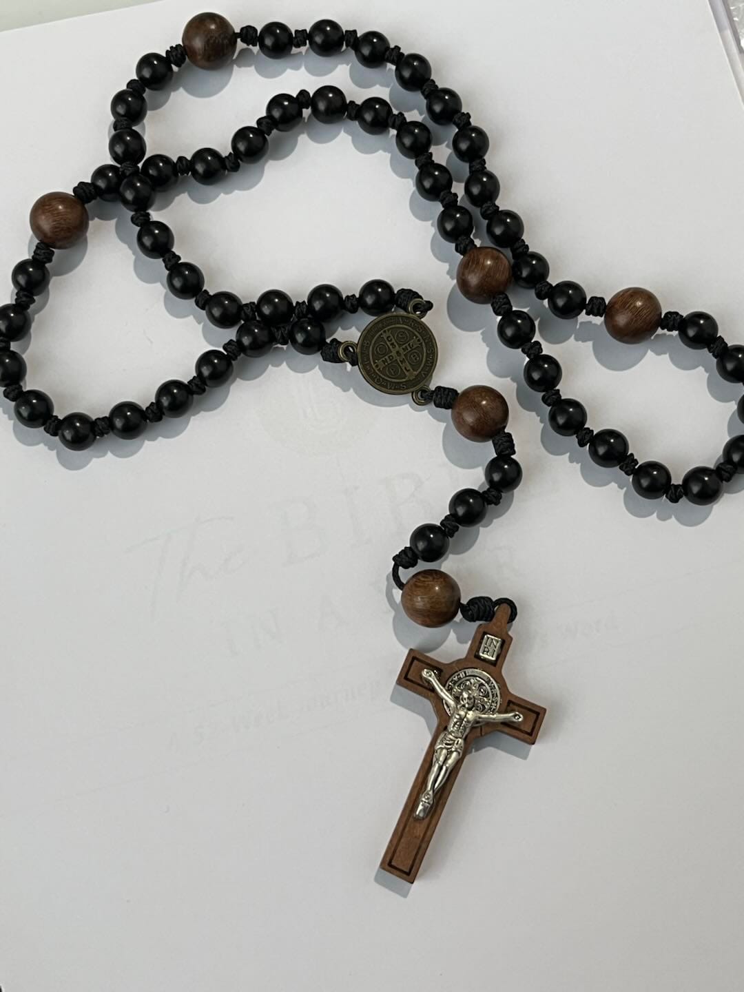 Customer photo review of SolaceBeads Black Sacred Ebony Beads with St. Benedict Centerpiece Rosary