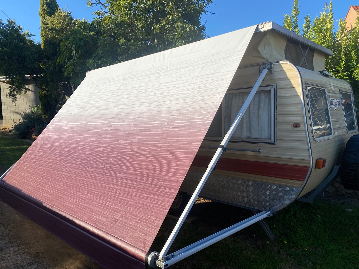 Customer photo review of Awning Replacement Vinyl - Burgundy Fade WA2005
