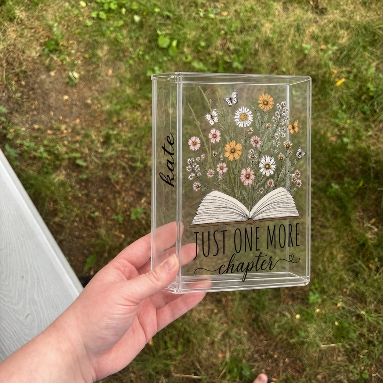 Customer photo review of Personalized Just One More Chapter Acrylic Book Vase Book Lover Gift