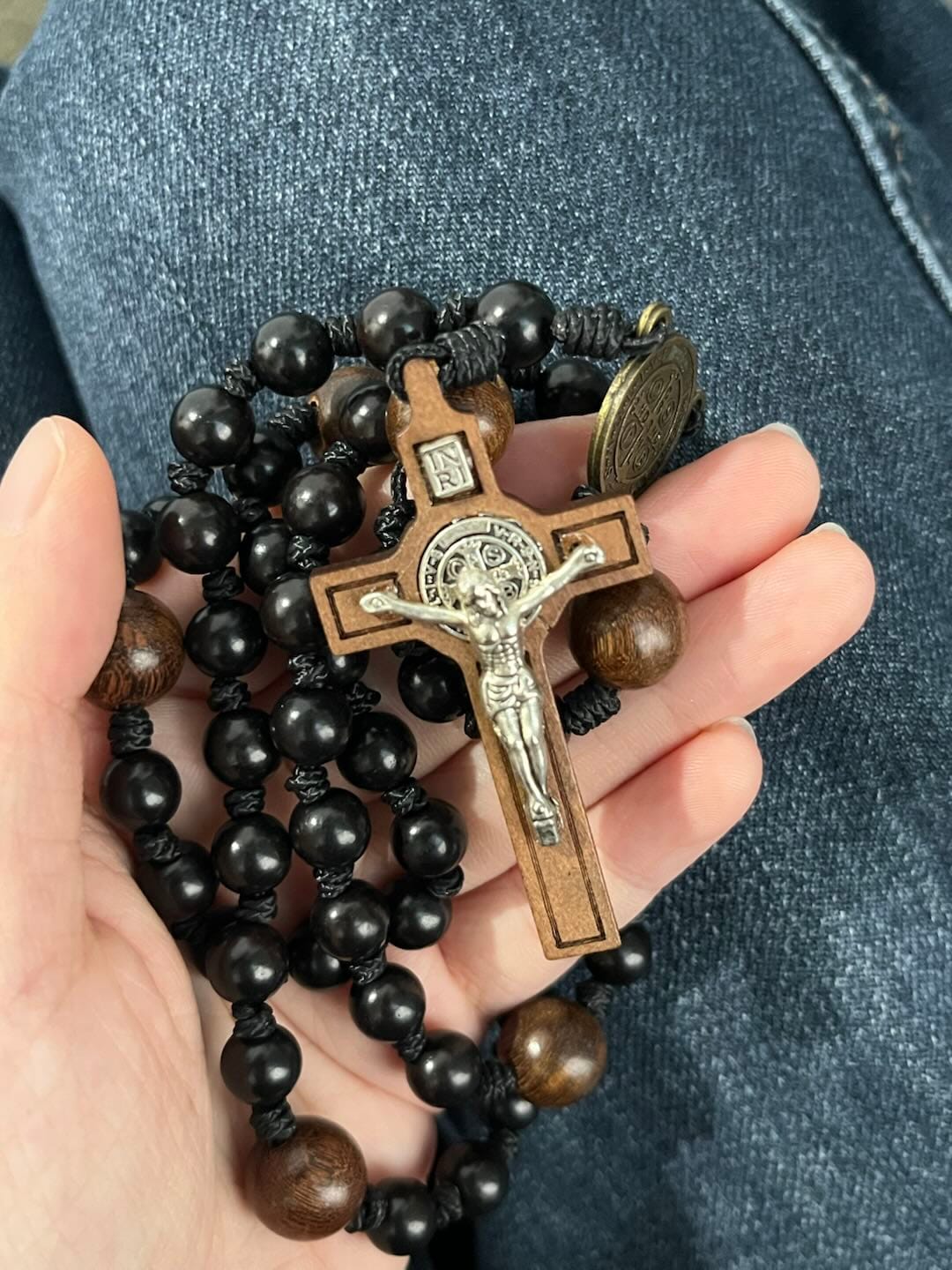 Customer photo review of SolaceBeads Black Sacred Ebony Beads with St. Benedict Centerpiece Rosary
